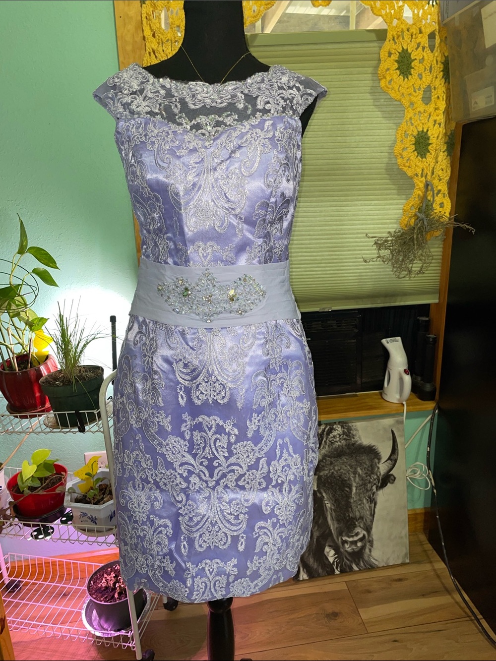 Lilac Lace Sheath Dress with Beaded Waist